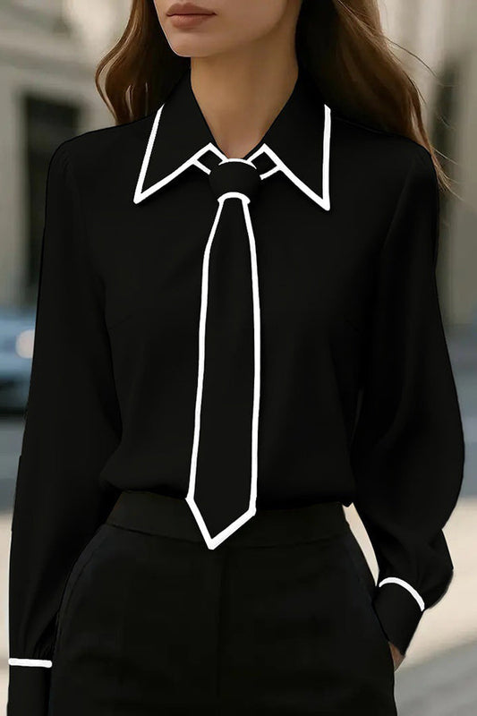 Blusa Casual de Manga Larga con Lazo en Contraste Satinada