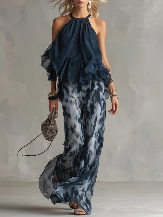 Conjunto Halter Gasa Estampada Wide Leg