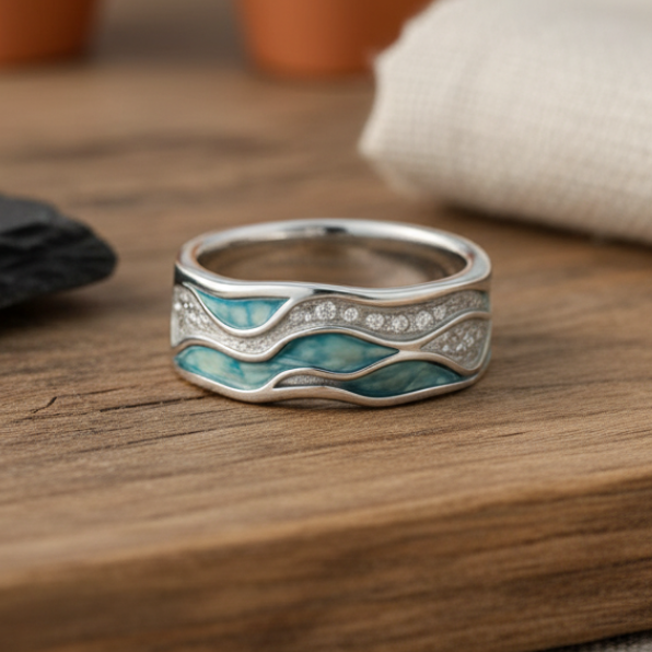 Anillo de ondas turquesas en plata