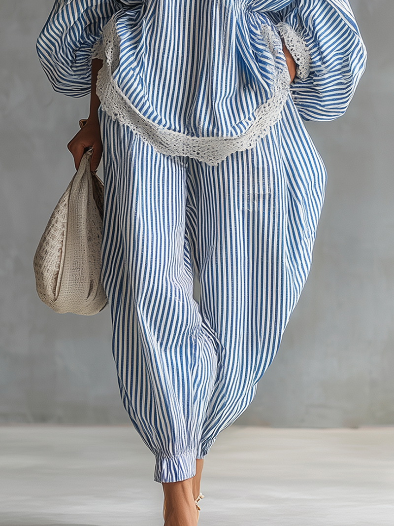 Ensemble rayures bleues dentelle ample