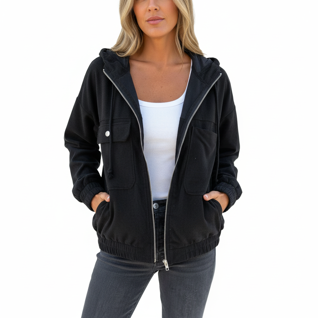 Chaqueta pana negra con capucha