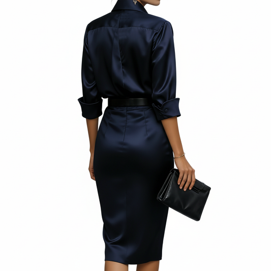 Vestido azul marino satinado trasera