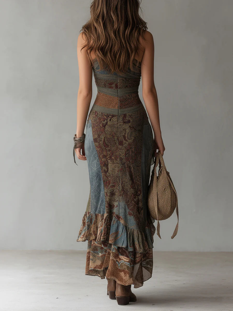 Elena-Vestido Largo Asimétrico Un Hombro Estampado Étnico