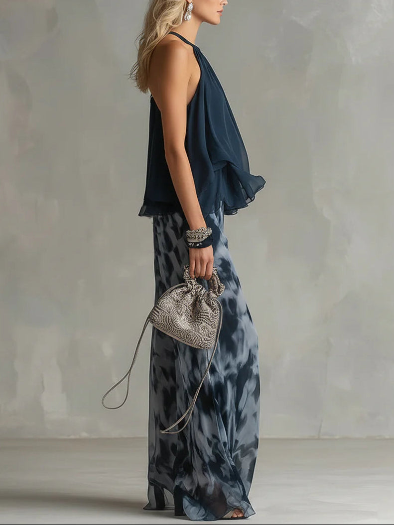Ensemble Halter Gaze Imprimée Jambe Large