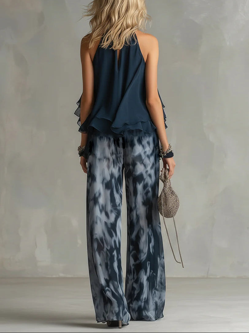 Ensemble Halter Gaze Imprimée Jambe Large