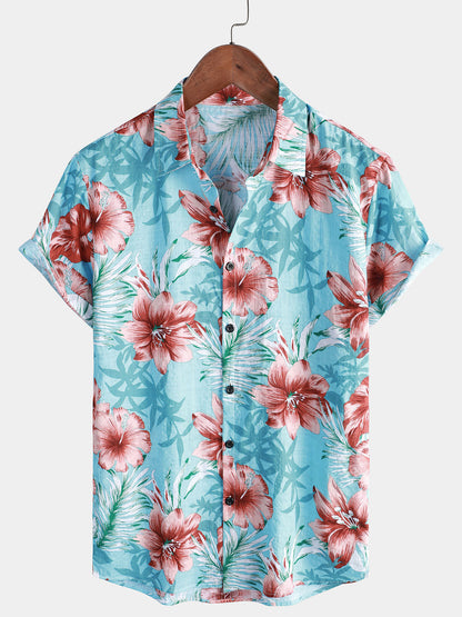 Camisa Hawaiana Hibisco Azul
