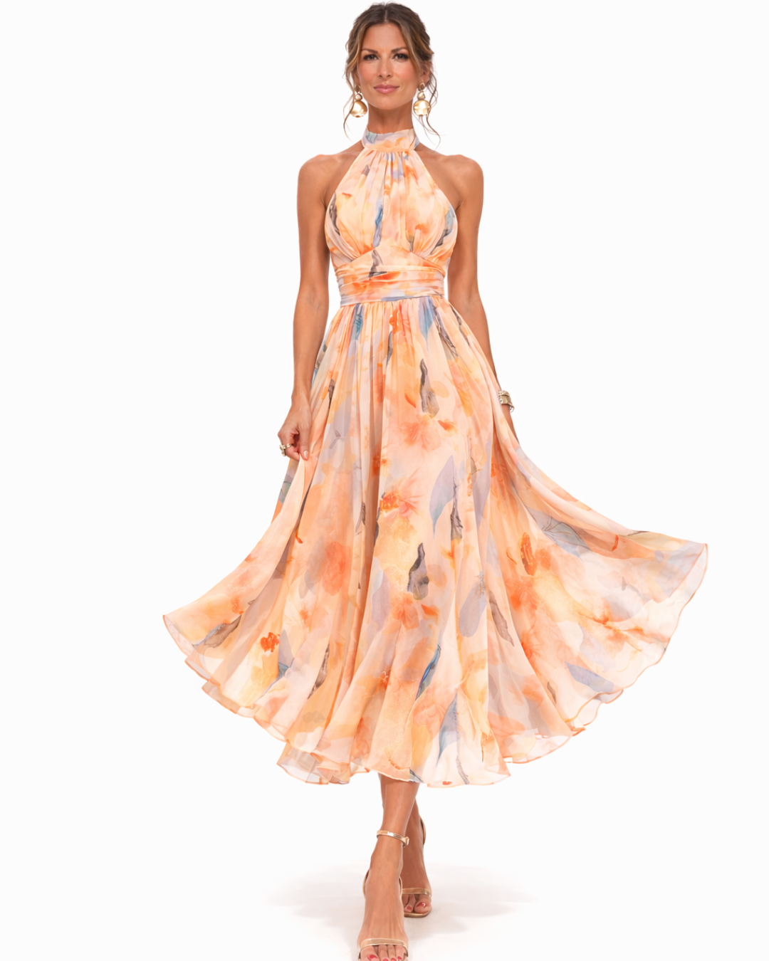 Aurora – Vestido Escote Americano Estampado Acuarela