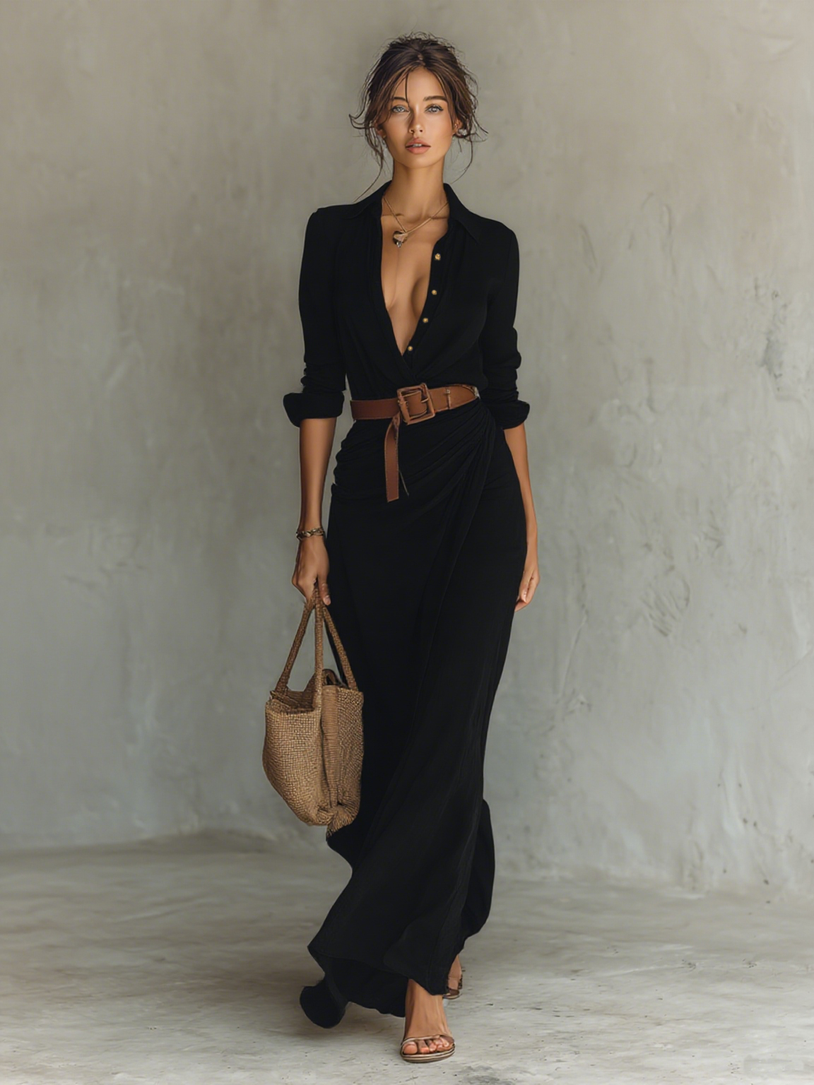 Vestido Maxi Cuello Solapa Mangas Largas