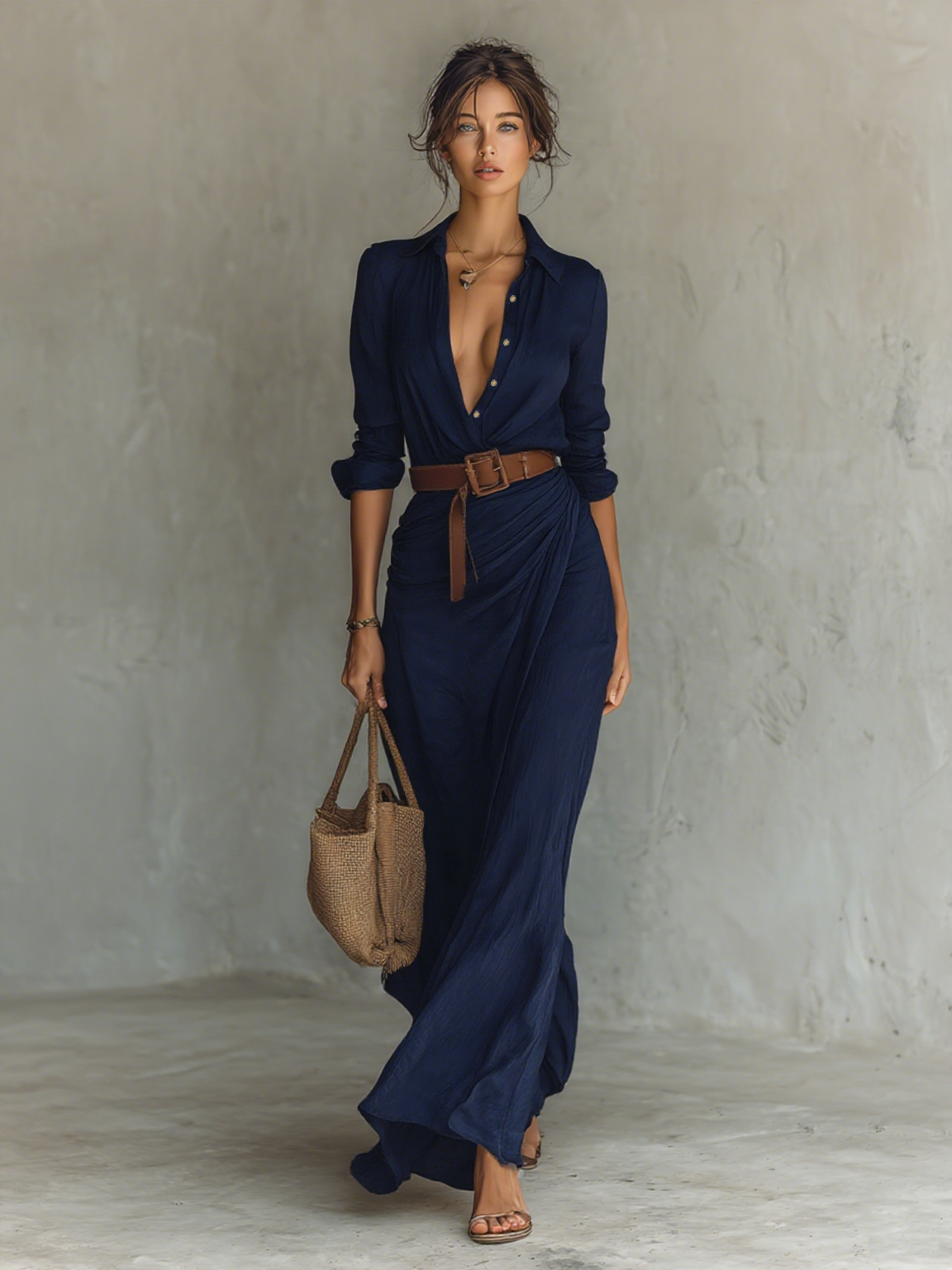Vestido Maxi Cuello Solapa Mangas Largas