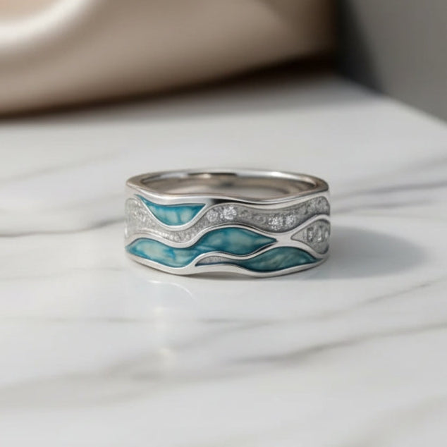 Anillo de ondas turquesas en plata