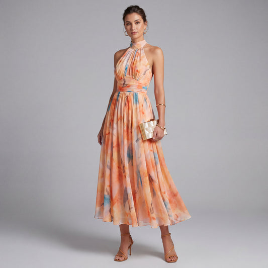 Aurora – Vestido Escote Americano Estampado Acuarela