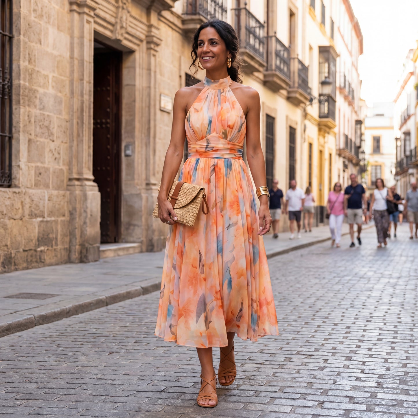 Aurora – Vestido Escote Americano Estampado Acuarela