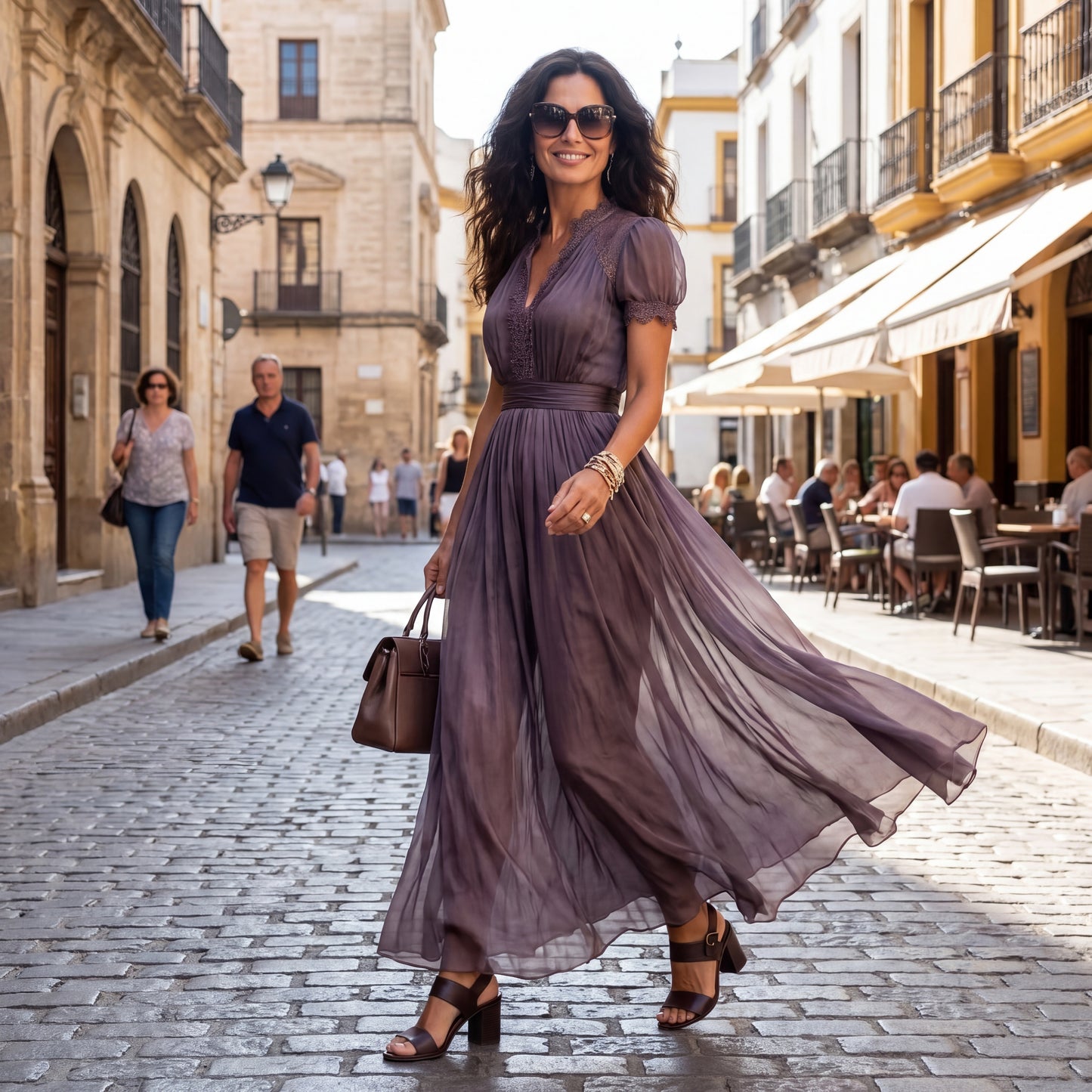 Flavia – Vestido Largo Morado con Escote Lágrima y Encaje
