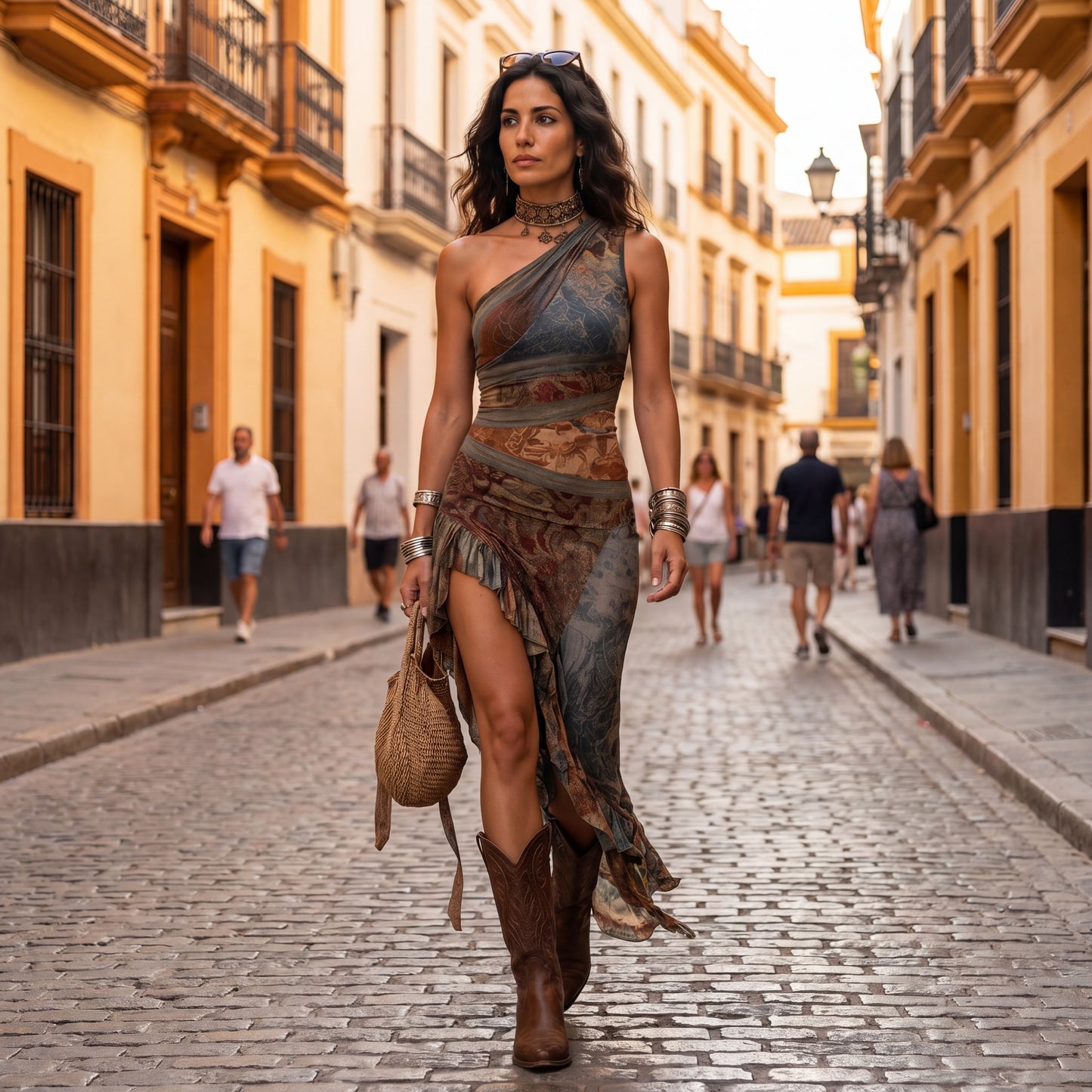 Elena-Vestido Largo Asimétrico Un Hombro Estampado Étnico