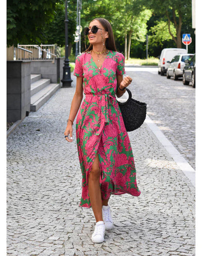 Robe midi fleurie rose