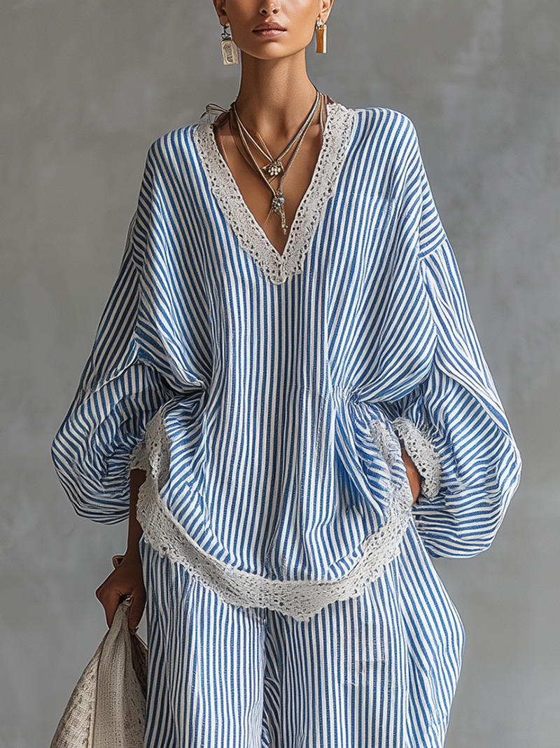 Ensemble rayures bleues dentelle ample