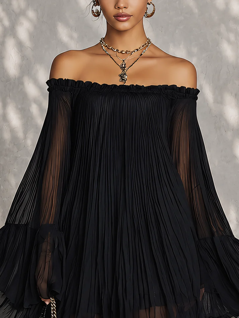 Miriana | Vestido corto negro con hombros al descubierto, mangas acampanadas y plisado
