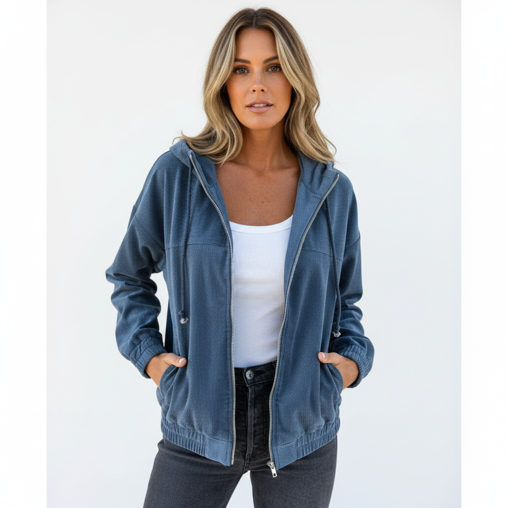 Chaqueta pana azul con capucha