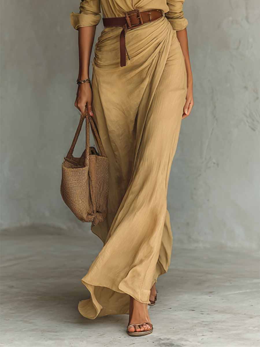 Vestido Maxi Cuello Solapa Mangas Largas
