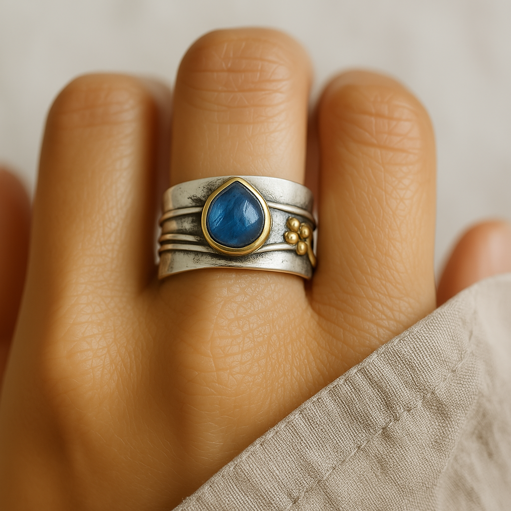Anillo vintage de zafiro azul plateado