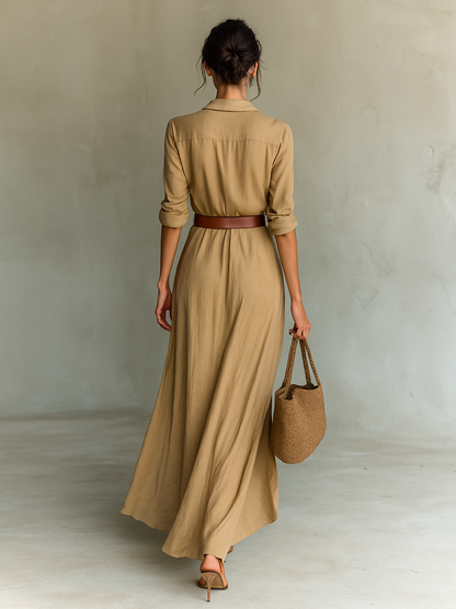 Vestido Maxi Cuello Solapa Mangas Largas