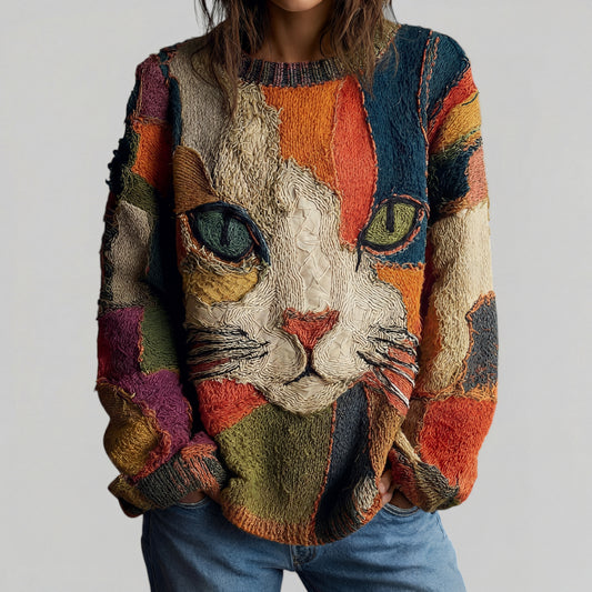 Suéter artístico con gato – Estilo único y creativo