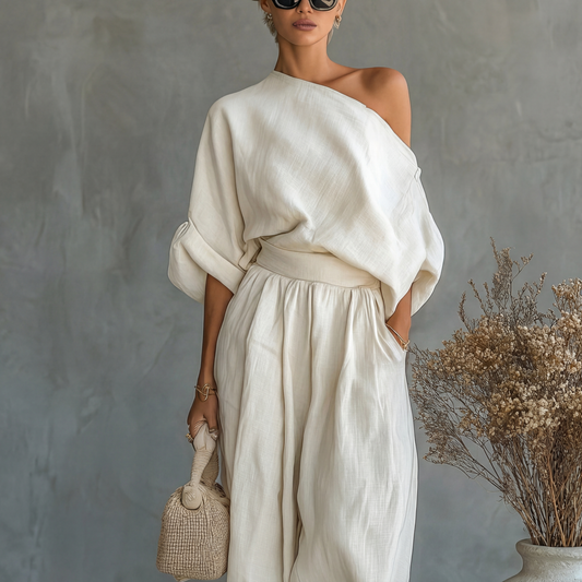 Conjunto de lino off-shoulder con pantalón tapered – Elegancia natural y sofisticación relajada