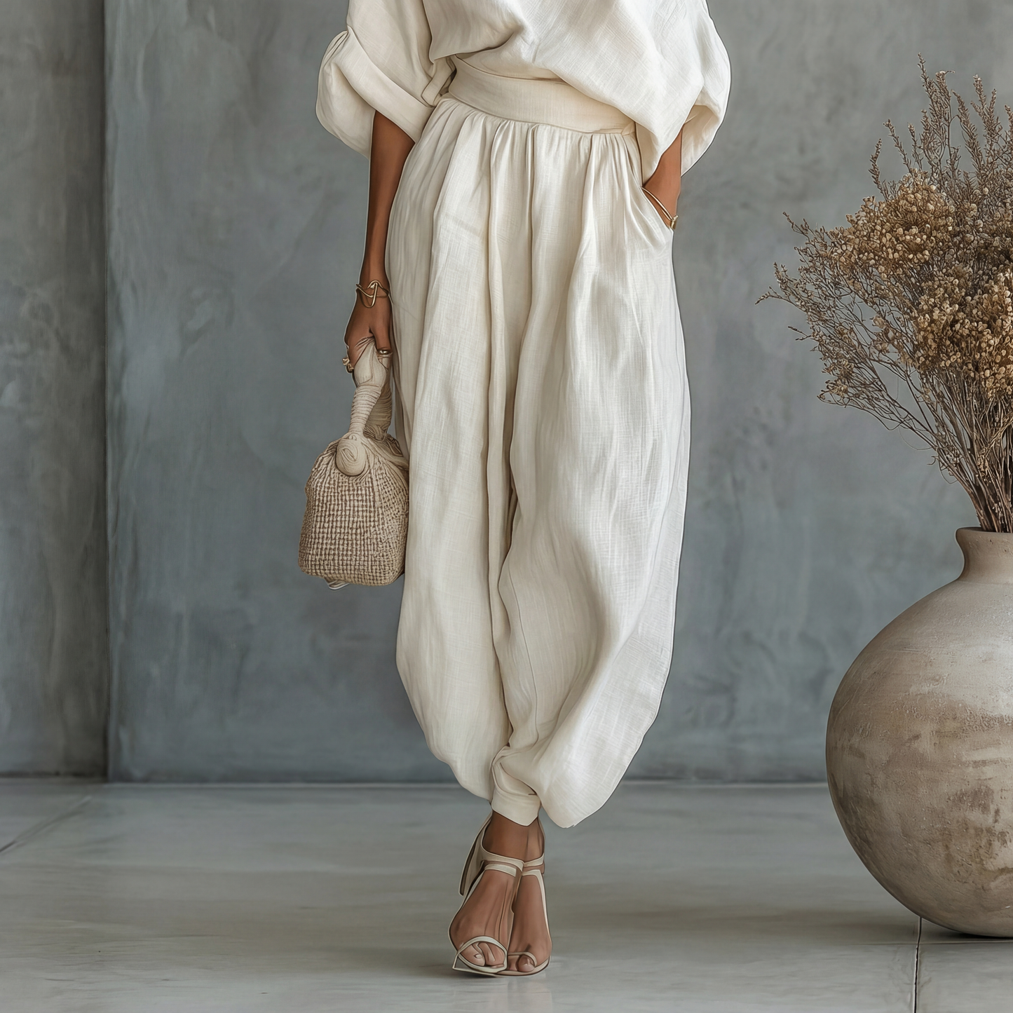 Ensemble lin épaules dénudées et pantalon fuselé
