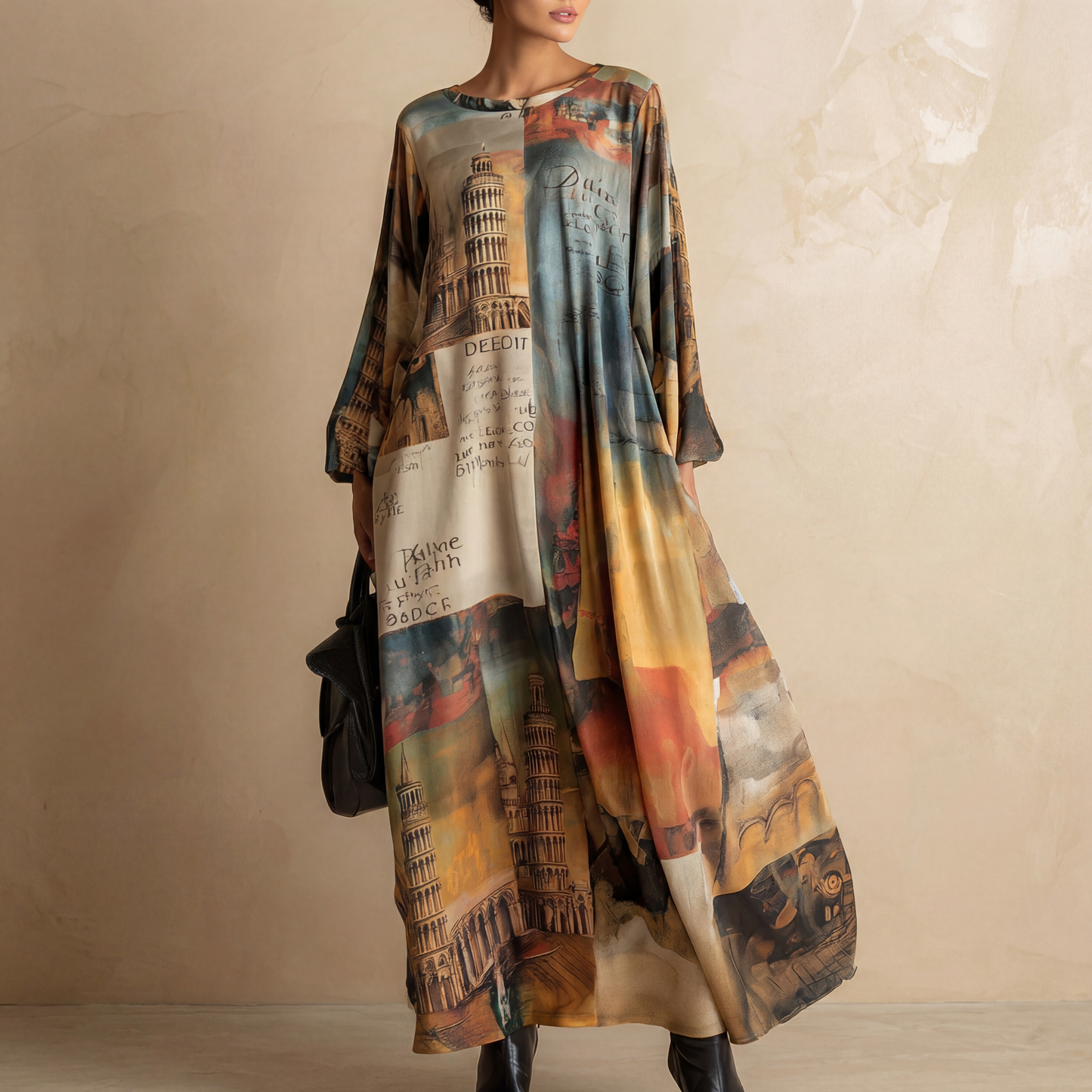 Vestido Maxi Estampado Estilo Urbano Oversize para Mujer – Manga Larga y Corte Fluido