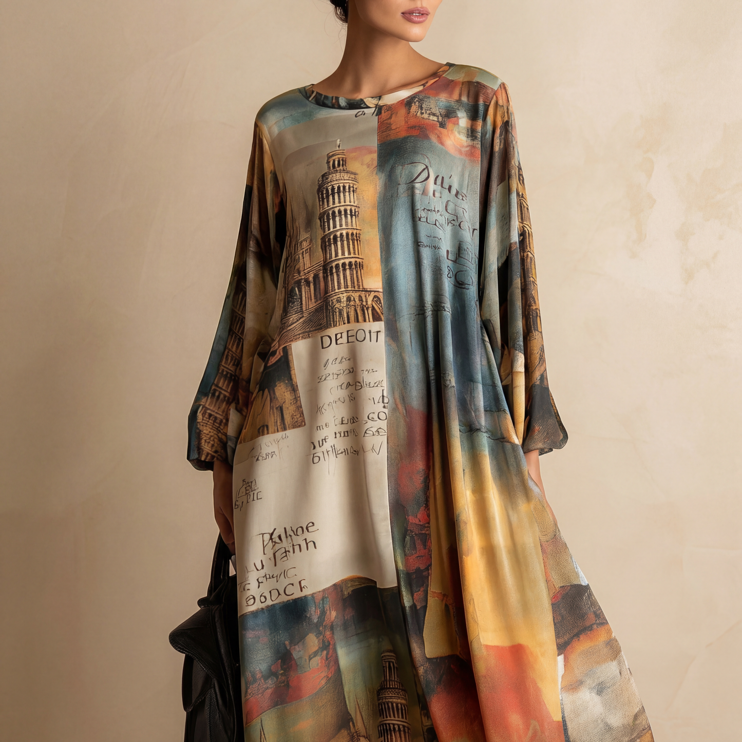 Vestido Maxi Estampado Estilo Urbano Oversize para Mujer – Manga Larga y Corte Fluido