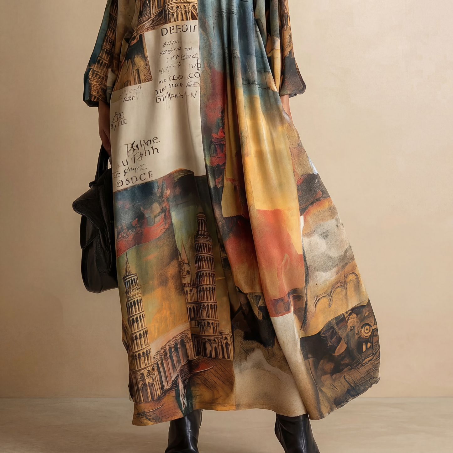 Vestido Maxi Estampado Estilo Urbano Oversize para Mujer – Manga Larga y Corte Fluido