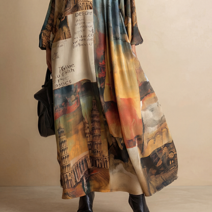 Vestido Maxi Estampado Estilo Urbano Oversize para Mujer – Manga Larga y Corte Fluido