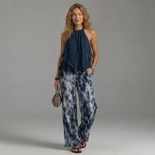 Conjunto Halter Gasa Estampada Wide Leg