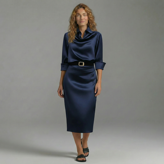 Vestido Elegante Midi con Cinturón y Cuello Clásico