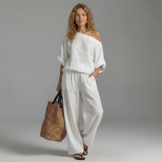 Conjunto de Lino con Hombros Descubiertos y Pantalón Tapered