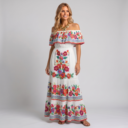 Robe longue fleurie corail