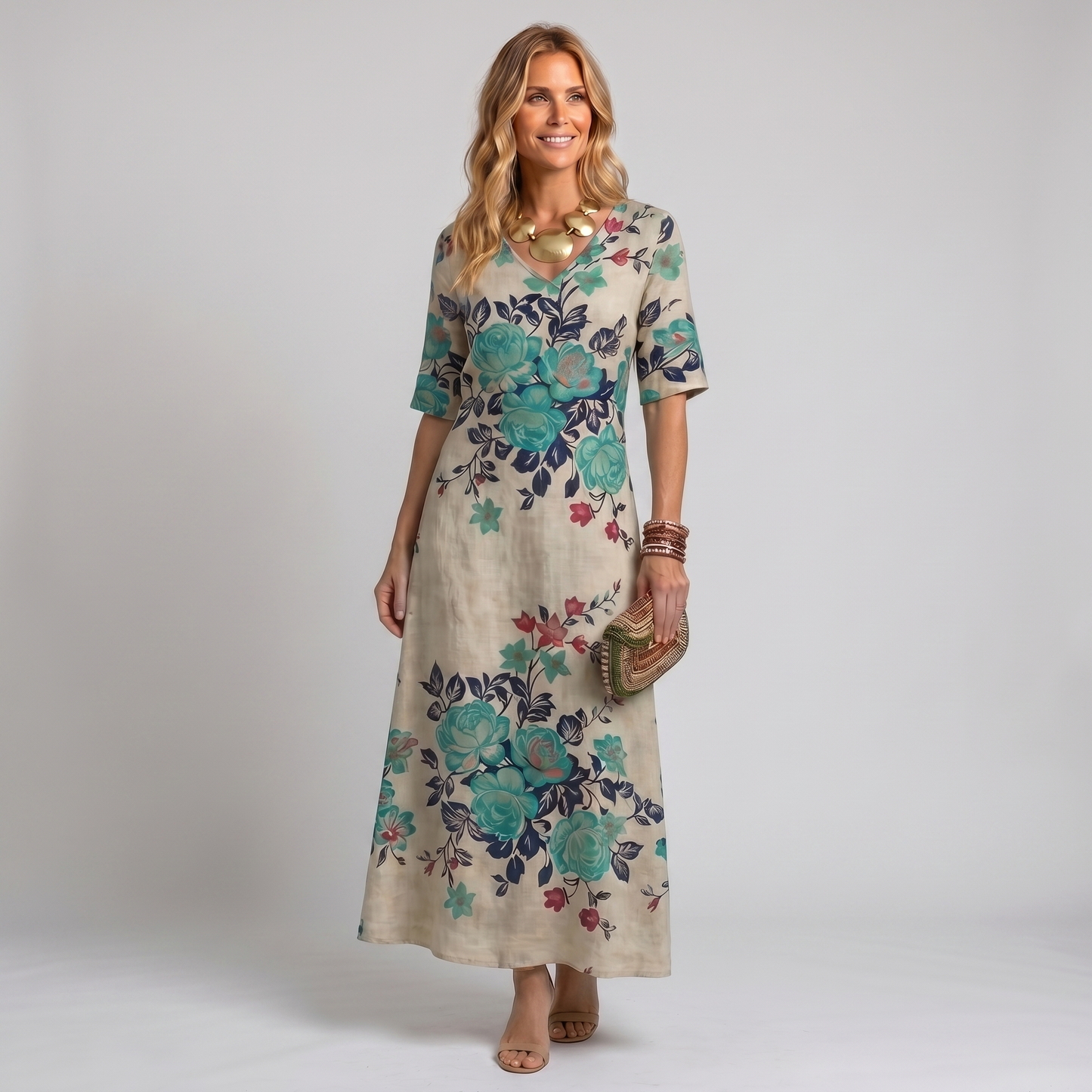 Robe longue fleurie verte