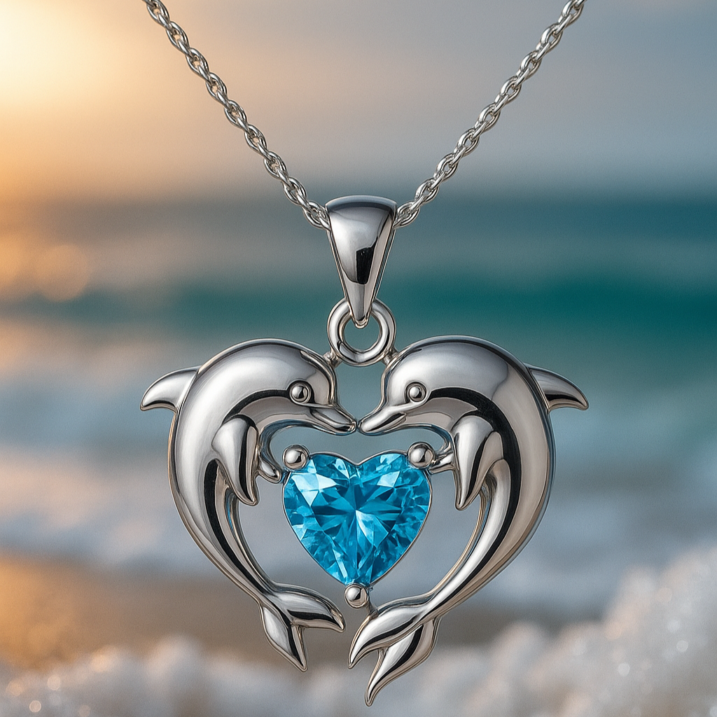 Collar de plata atemporal con dos delfines y ópalo