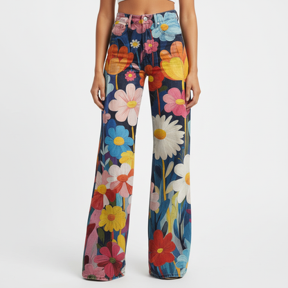 Pantalones azul con flores multicolor