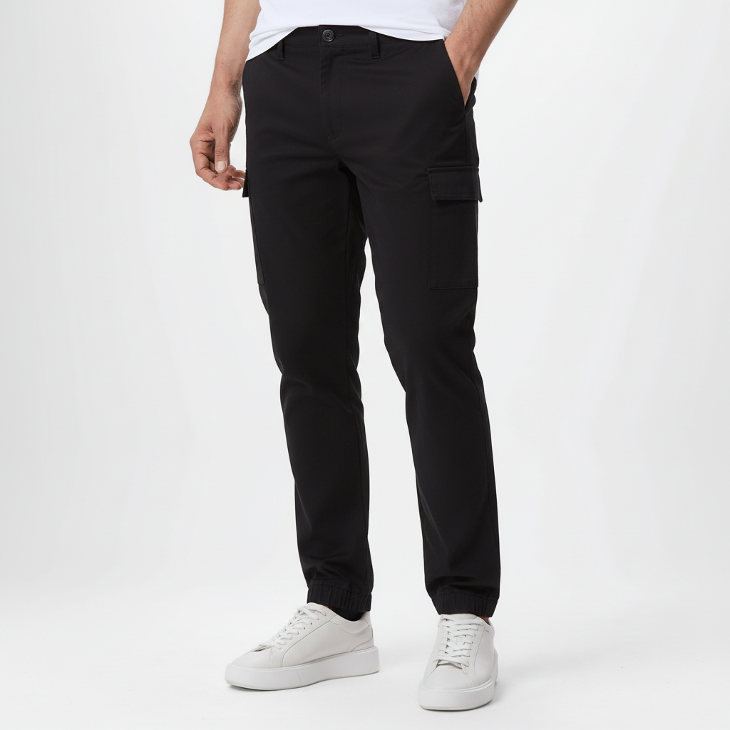 Pantalones cargo negros vista frontal mejorado