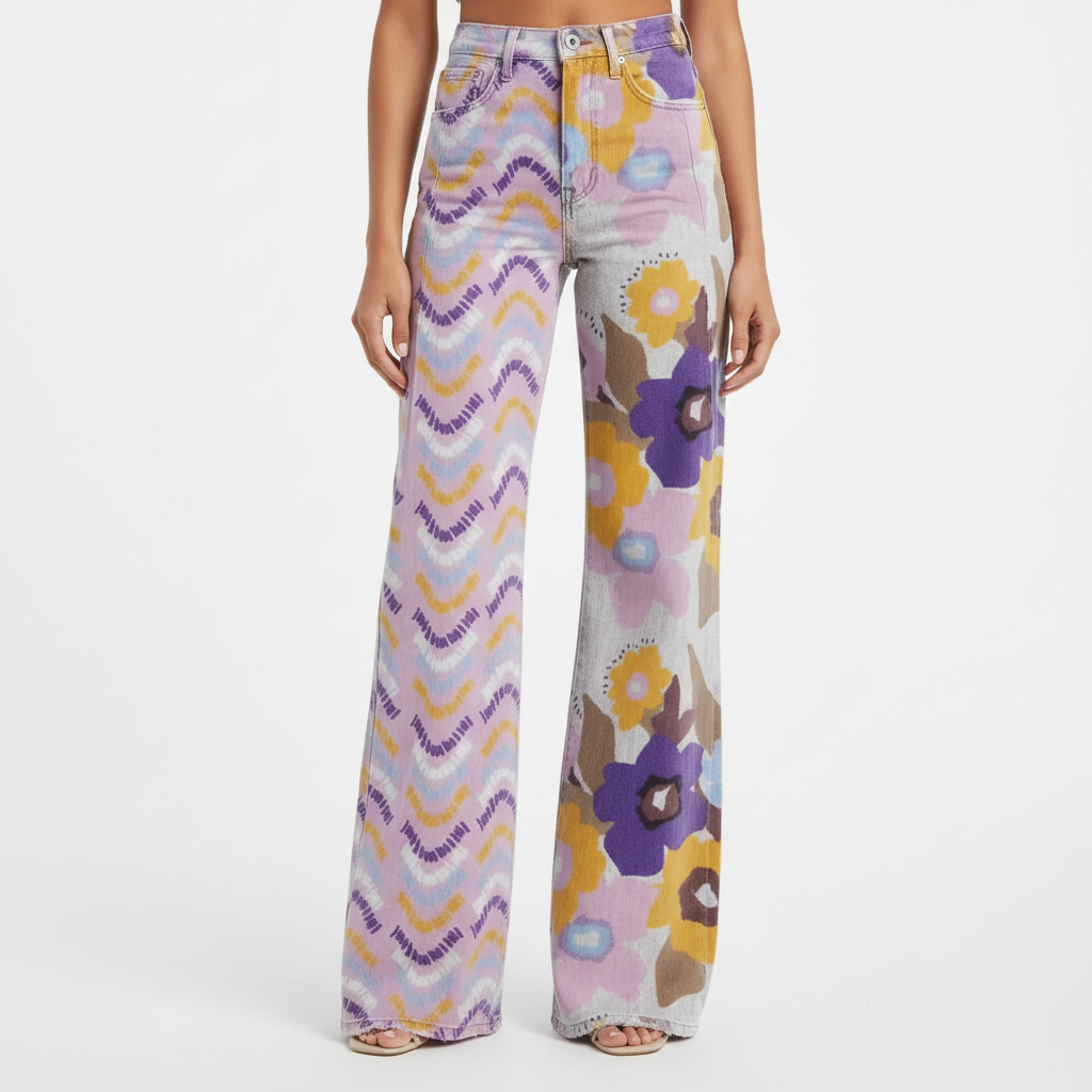 Pantalones tie-dye con flores asimétricas