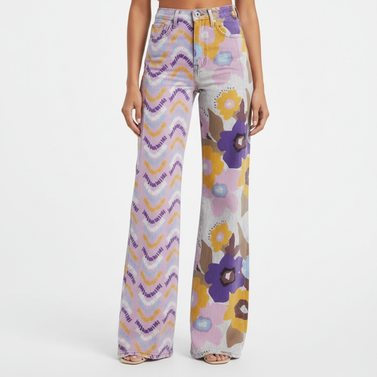 Pantalones tie-dye con flores asimétricas