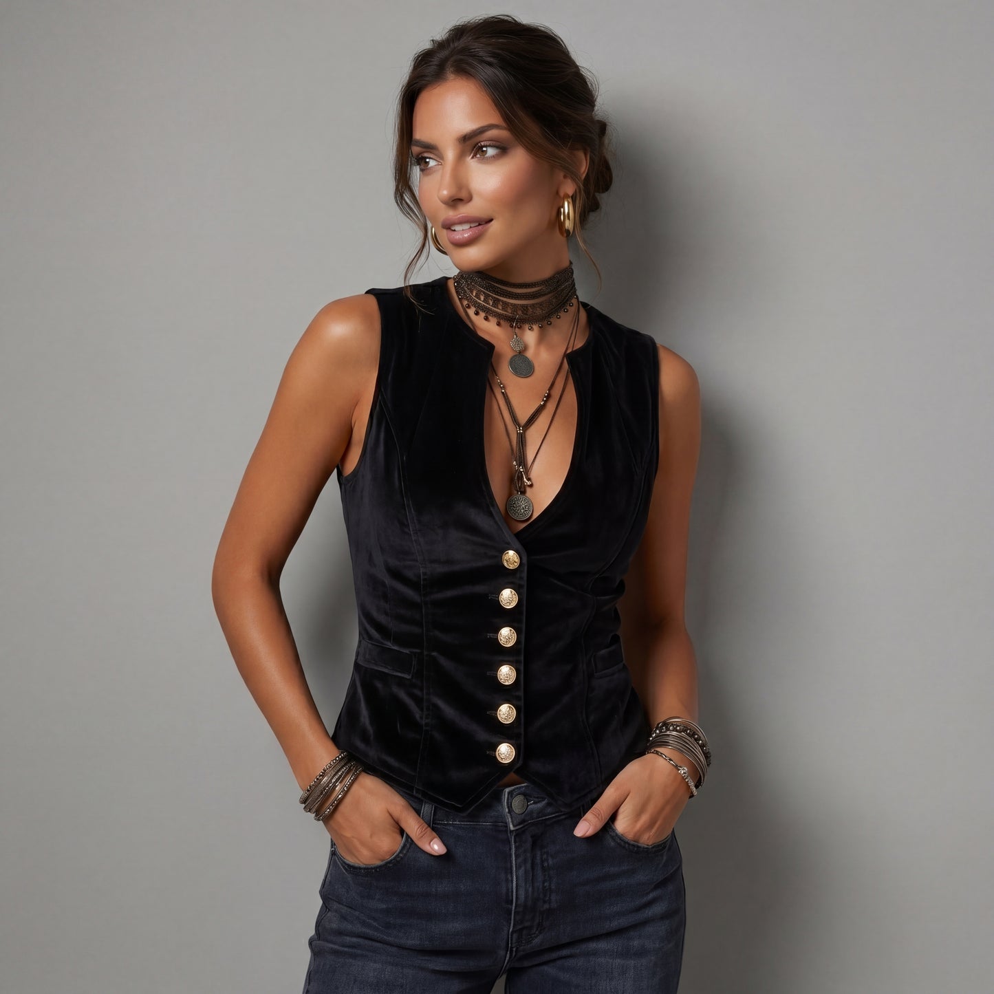 Gilet en Velours Vintage à Col en V