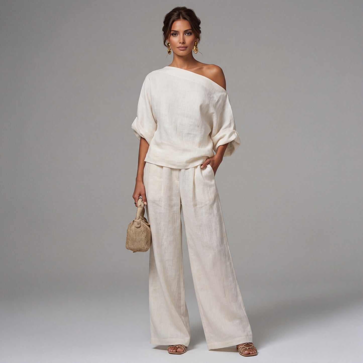 Ensemble lin épaules dénudées et pantalon fuselé