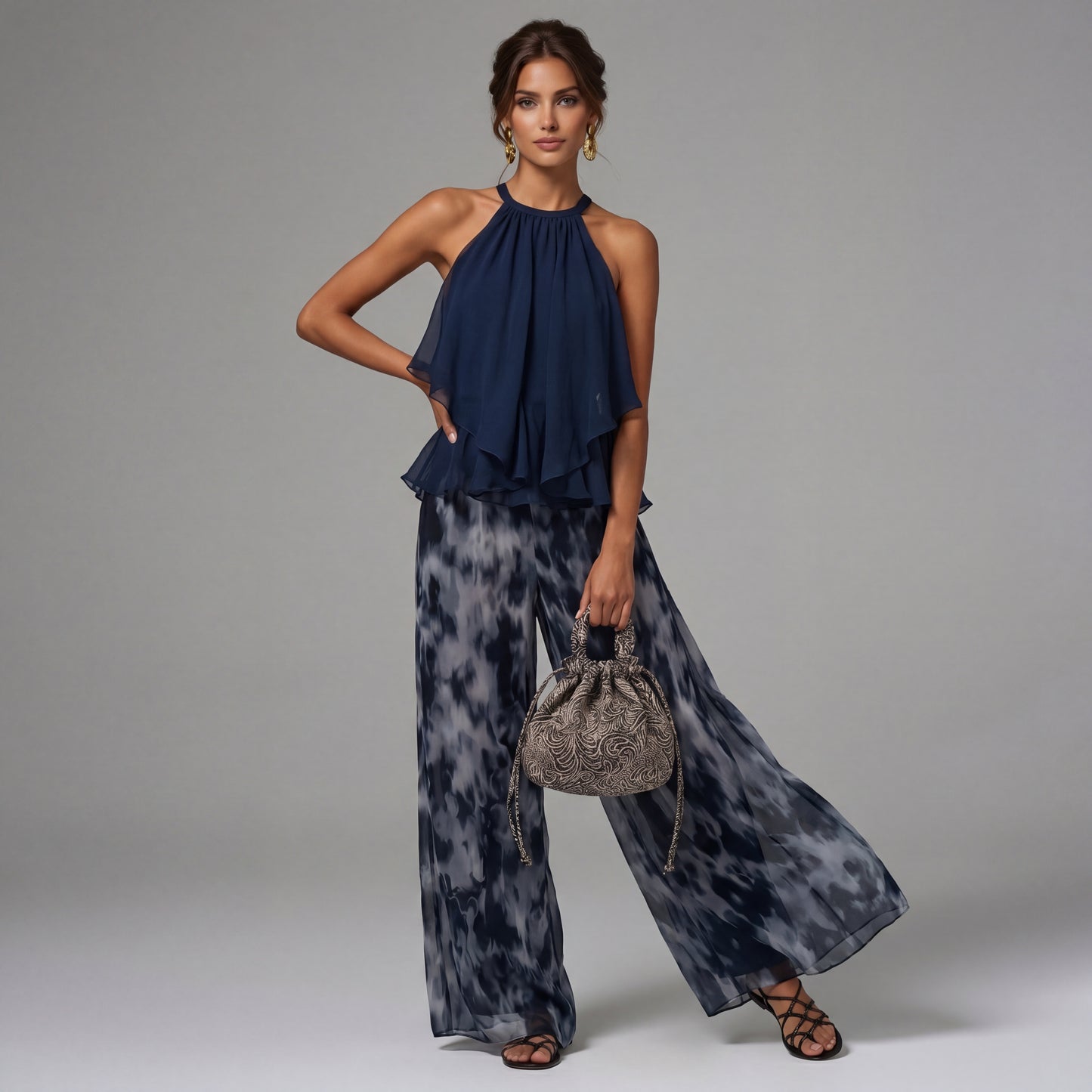 Ensemble Halter Gaze Imprimée Jambe Large