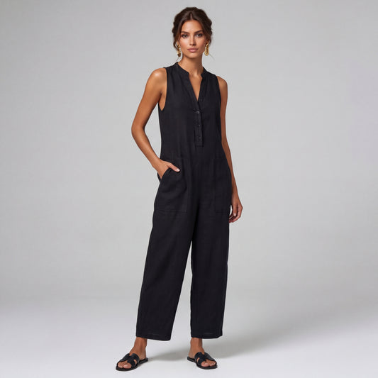 Combinaison noire boutonnée en lin synthétique