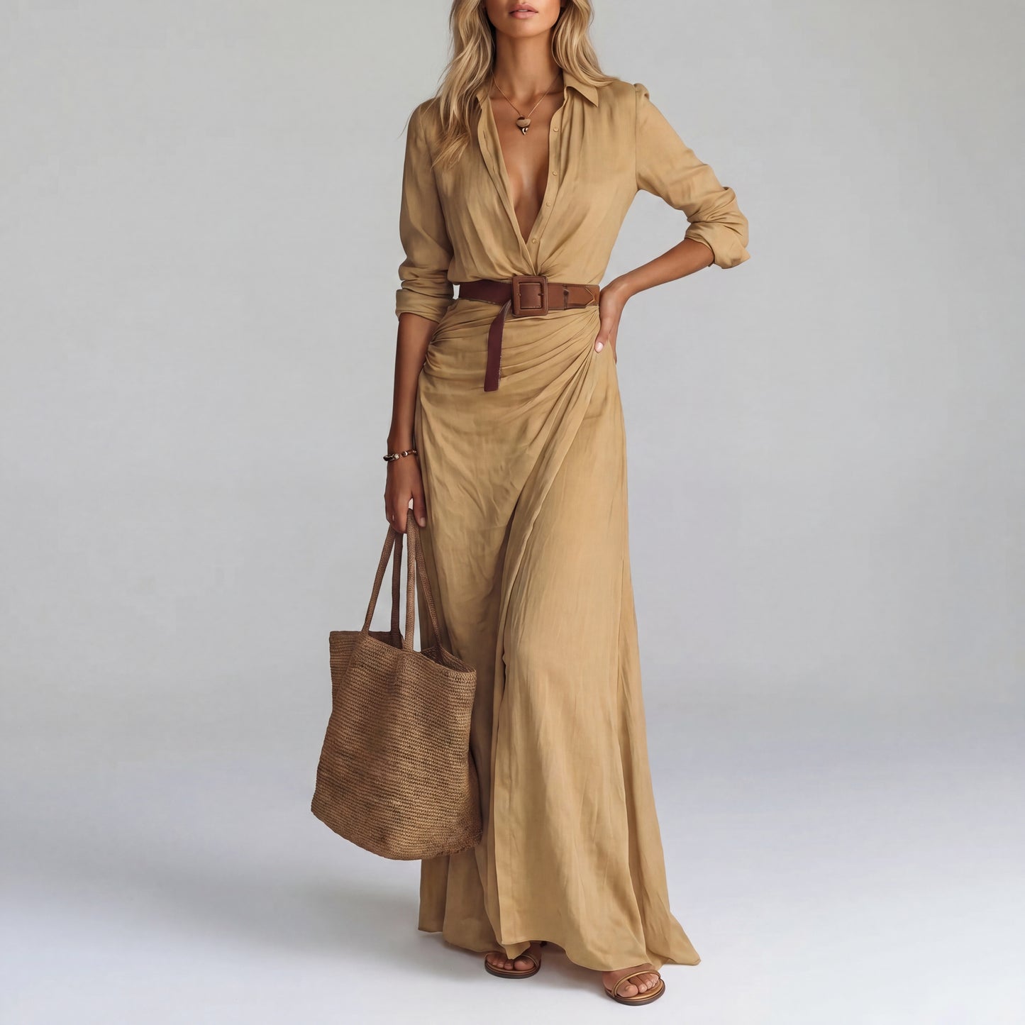 Vestido Maxi Cuello Solapa Mangas Largas