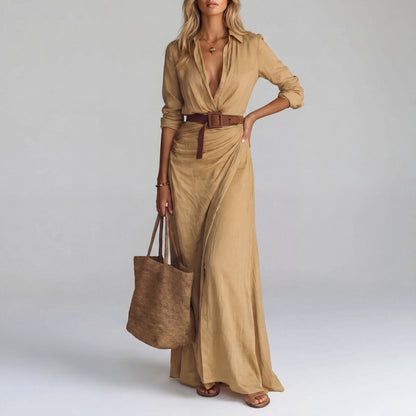 Vestido Maxi Cuello Solapa Mangas Largas
