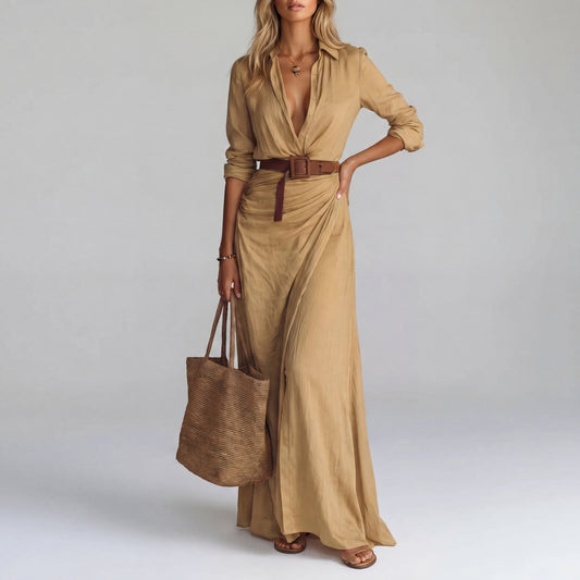 Vestido Maxi Cuello Solapa Mangas Largas