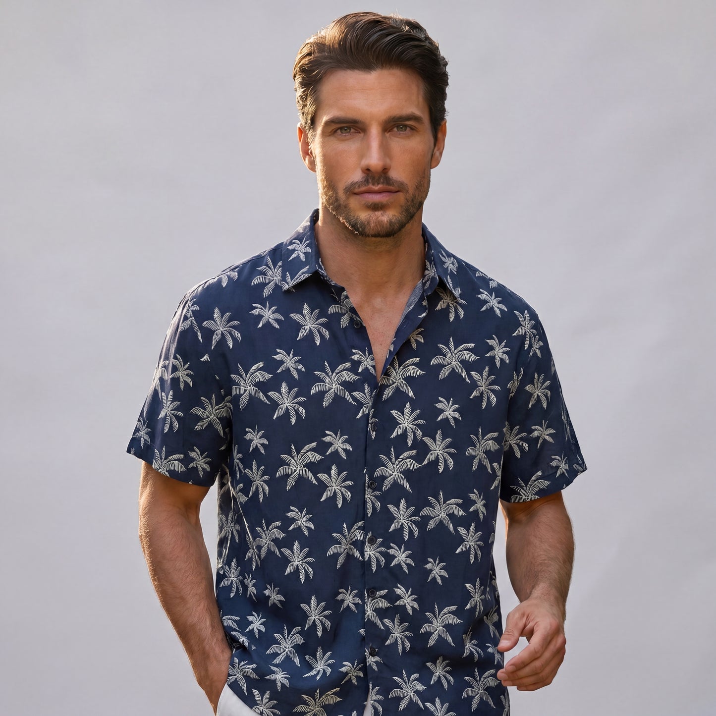 Chemise Hawaïenne Palmiers Bleu Marine